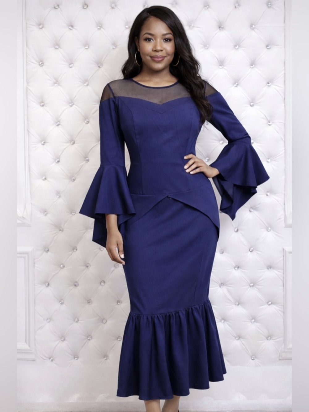 House of Marie designer Blue Mesh Shoulder Midi Dress Bell mermaid Sleeve/S